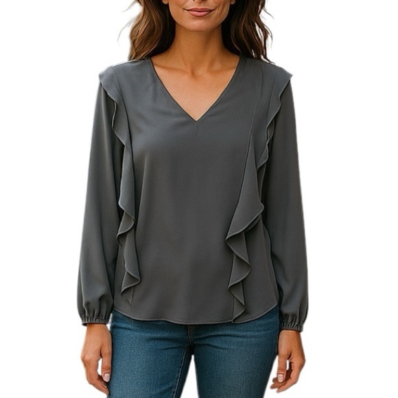 Banana Republic Small Long Sleeve Gray Ruffled Blouse - Picture 1 of 9